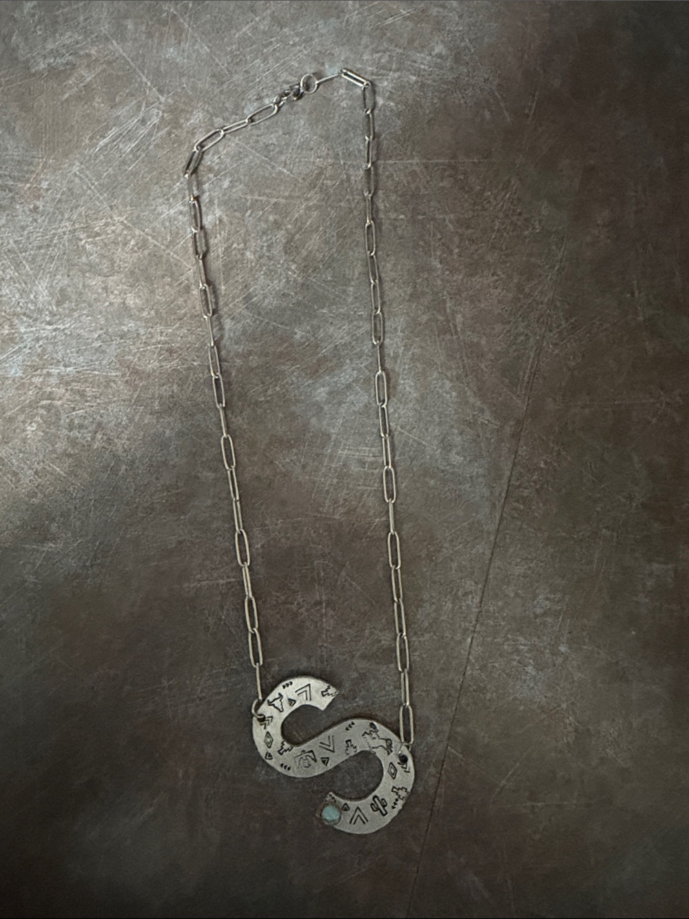 Silver-tone S Pendant Necklace with Turquoise Accent